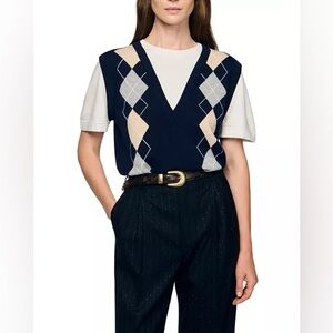 Sandro Navy and Cream Argyle Vest
